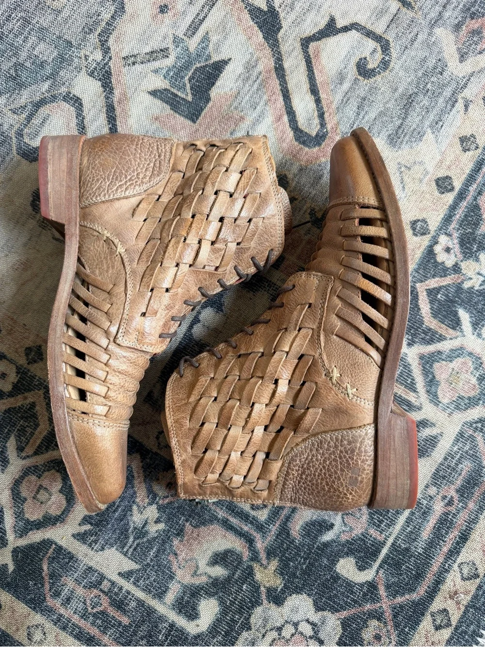Bed Stu Loretta Boots Women's 7 Tan Brown leather Woven Cap Toe Lace Up Booties